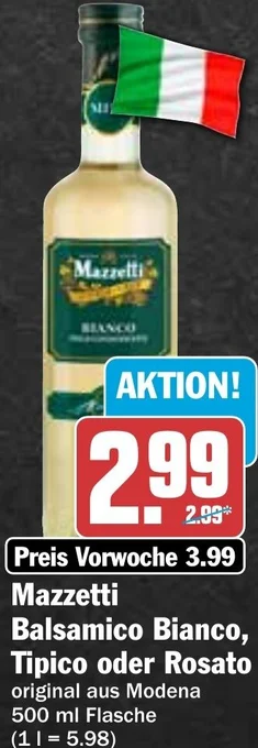 Hit Mazzetti Balsamico Bianco, Tipico oder Rosato 500 ml Flasche Angebot