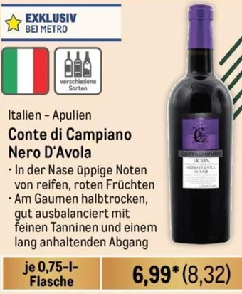 METRO Italien - Apulien Conte di Campiano Nero D'Avola 0,75 L Flasche Angebot