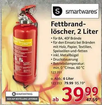 Selgros Fettbrand-löscher 2 Liter Smartwares Angebot