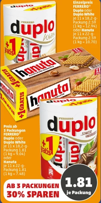 PENNY Ferrero Duplo oder Duplo White 11x18,2 g Packung oder Hanuta 11x22 g Packung Angebot