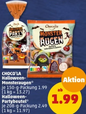 PENNY CHOCO'LA Halloween Monsteraugen 150 g oder Halloween-Partybeutel 208 g Packung Angebot