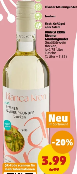 PENNY BIANCA KRON Rivaner Grauburgunder 0,75 Liter Flasche Angebot