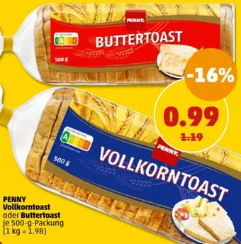 PENNY PENNY Vollkorntoast oder Buttertoast 500 g Packung Angebot