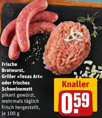 REWE Frische Bratwurst, Griller Texas Art oder frisches Schweinemett 100 g Angebot