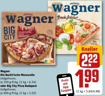 REWE Wagner Die Backfrische Mozzarella 350 g oder Big City Pizza Budapest 400 g Pckg. Angebot