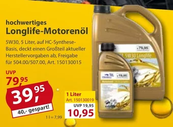 Sonderpreis Baumarkt hochwertiges Longlife-Motorenöl 5 Liter Angebot