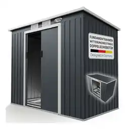 Netto Marken-Discount Juskys metall gerätehaus geräteschuppen m mit pultdach, schiebetür & fundament 4m³ anthrazit Angebot