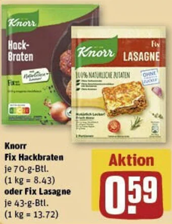 REWE Knorr Fix Hackbraten 70 g oder Fix Lasagne 43-g-Btl. Angebot