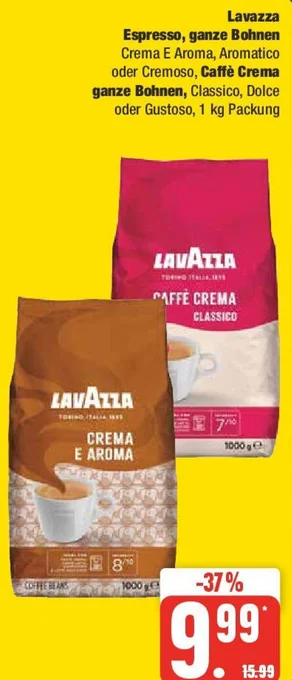 Edeka Lavazza Espresso, ganze Bohnen, Caffè Crema ganze Bohnen 1 kg Packung Angebot