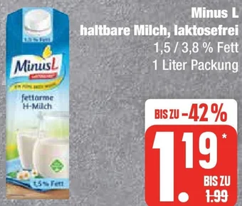 Edeka Minus L haltbare Milch, laktosefrei 1 Liter Packung Angebot