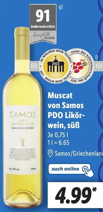 Lidl Muscat von Samos PDO Likörwein, süß 0,75 L Angebot