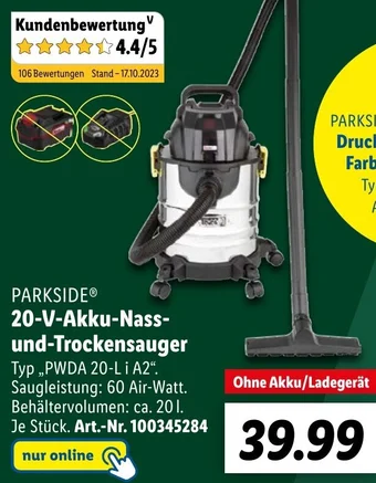 Lidl PARKSIDE 20-V Akku-Nass und Trockensauger PWDA 20-Li A2 Angebot