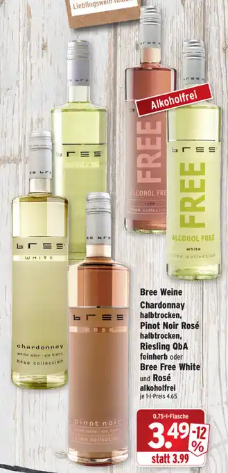 Wasgau Bree Weine Chardonnay halbtrocken, Pinot Noir Rosé halbtrocken, Riesling QbA feinherb oder Bree Free White und Rosé 0,75L Angebot