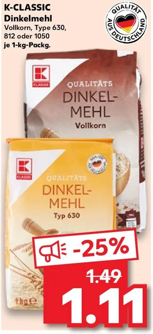 Kaufland K-CLASSIC Dinkelmehl 1 kg Packg. Angebot