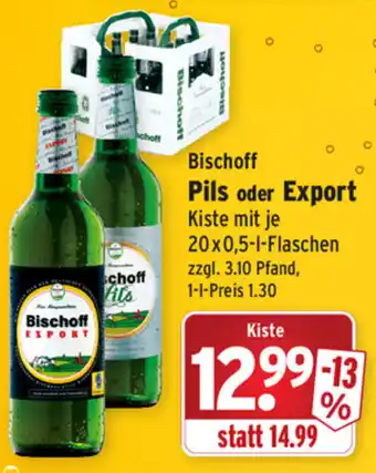 Wasgau Bischoff Pils oder Export 20x0,5L Angebot