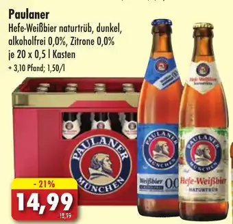 Lösch Depot Paulaner Hefe-Weißbier naturtrüb, dunkel, alkoholfrei 0,0%, Zitrone 0,0% je 20 x 0,5 L Angebot