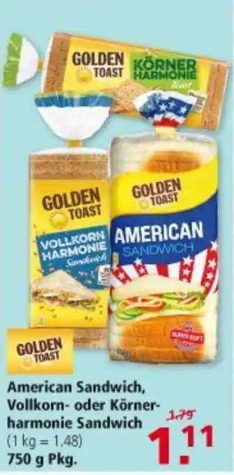 Multi Markt Golden Toast American Sandwich, Vollkorn oder Körner harmonie Sandwich 750g Angebot