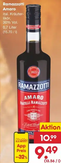 Netto Marken-Discount Ramazzotti Amaro 0,7 Liter Angebot