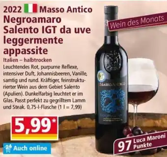 Norma 2022 Masso Antico Negroamaro Salento IGT da uve leggermente appassite 0,75 L Flasche Angebot