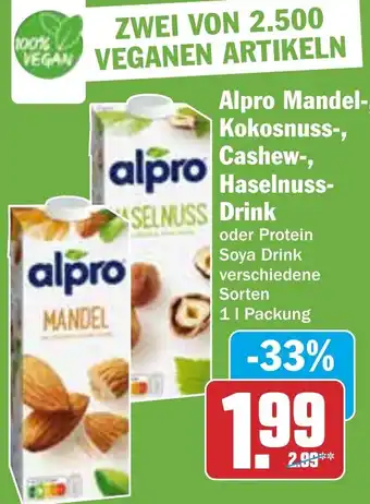 Hit Alpro Mandel, Kokosnuss, Cashew, Haselnuss Drink 1 L Packung Angebot