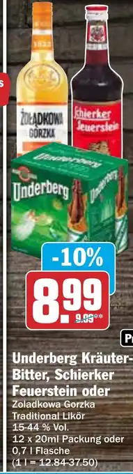 Hit Underberg Kräuter Bitter, Schierker Feuerstein 0,7 L Flasche Angebot