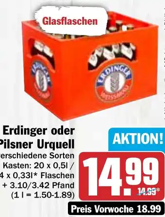 Hit Erdinger oder Pilsner Urquell 20x0,5/24x0,33 L Flaschen Angebot