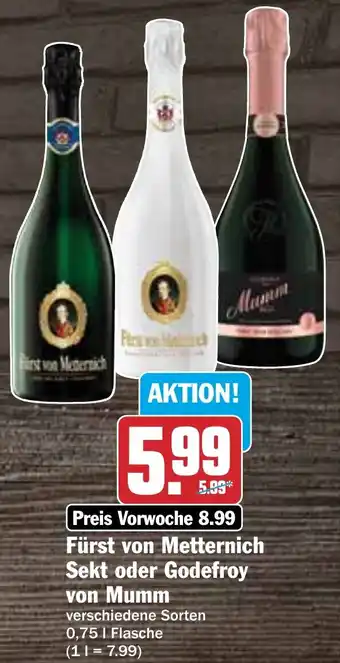 Hit Fürst von Metternich Sekt oder Godefroy von Mumm 0,75 L Flasche Angebot