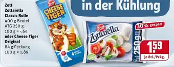 REWE Center Zott Zottarella Classic Rolle oder Cheese Tiger Original 84g Angebot