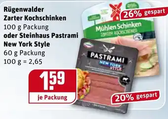 REWE Center Rügenwalder Zarter Kochschinken 100g oder Steinhaus Pastrami New York Style 60g Angebot