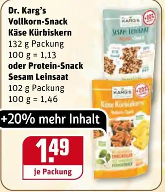 REWE Center Dr. Karg's Vollkorn Snack Käse Kürbiskern 132g oder Protein Snack Sesam Leinsaat 102g Angebot