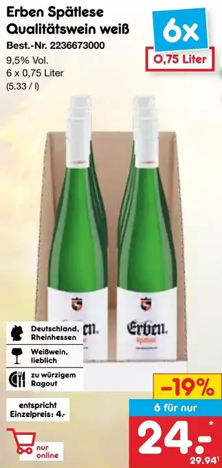 Netto Marken-Discount Erben Spätlese Qualitätswein weiß 6 x 0,75 Liter Angebot