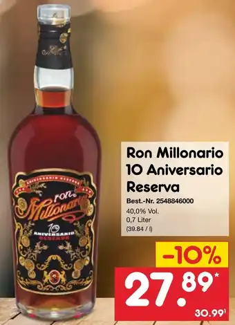 Netto Marken-Discount Ron Millonario 10 Aniversario Reserva 0,7 Liter Angebot