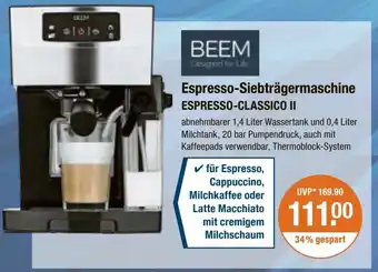 V Markt BEEM Espresso-Siebträgermaschine ESPRESSO-CLASSICO II Angebot