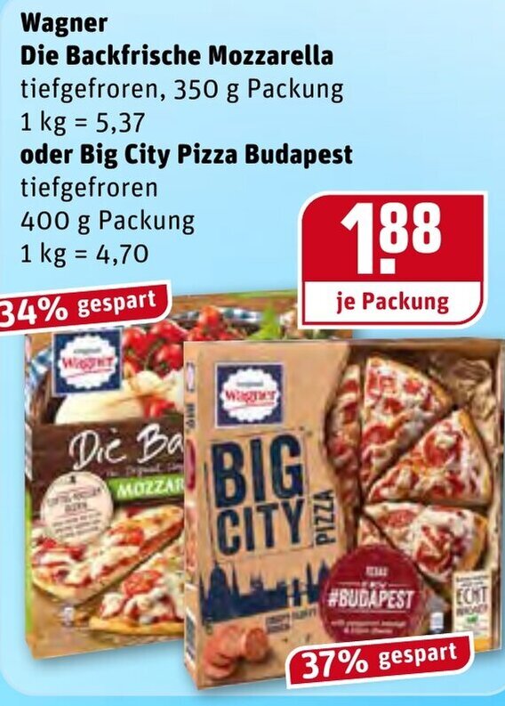 Wagner Die Backfrische Mozzarella 350g oder Big City Pizza Budapest