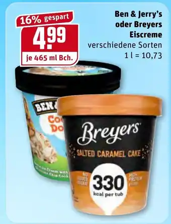 REWE Center Ben & Jerry's oder Breyers Eiscreme  465ml Becher Angebot