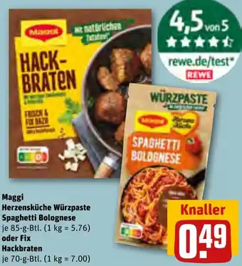 REWE Maggi Herzensküche Würzpaste Spaghetti Bolognese 85 g oder Fix Hackbraten 70 g Btl. Angebot