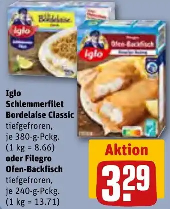 REWE Iglo Schlemmerfilet Bordelaise Classic 380 g Pckg. oder Filegro Ofen-Backfisch 240 g Pckg. Angebot