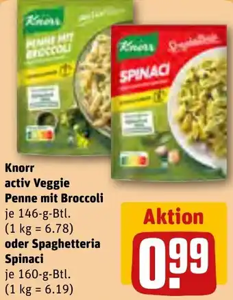 REWE Knorr activ Veggie Penne mit Broccoli 146-g-Btl. oder Spaghetteria Spinaci 160 g Btl. Angebot