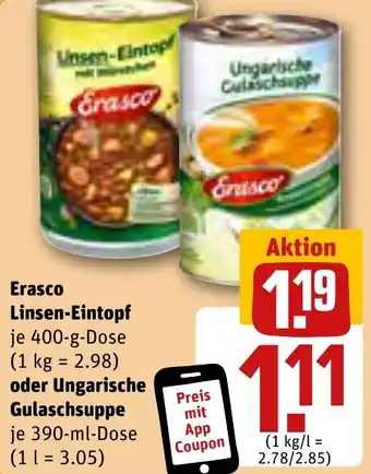 REWE Erasco Linsen-Eintopf 400 g Dose oder Ungarische Gulaschsuppe 390 ml Dose Angebot