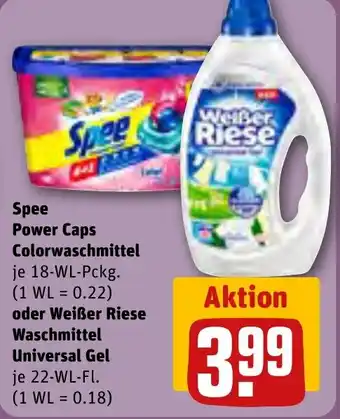 REWE Spee Power Caps Colorwaschmittel 18-WL-Pckg. oder Weißer Riese Waschmittel Universal Gel 22-WL-Fl. Angebot