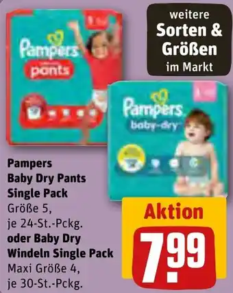 REWE Pampers Baby Dry Pants Single Pack 24 St. oder Baby Dry Windeln Single Pack 30-St. Pckg. Angebot