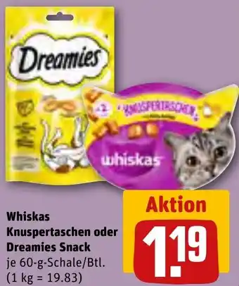 REWE Whiskas Knuspertaschen oder Dreamies Snack 60 g Schale/Btl. Angebot