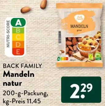 Aldi Süd BACK FAMILY Mandeln natur 200 g Packung Angebot