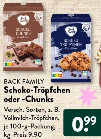 Aldi Süd BACK FAMILY Schoko-Tröpfchen oder Chunks 100 g Packung Angebot