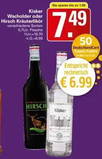 WEZ Kisker Wacholder oder Hirsch Kräuterlikör 0,7Ltr. Flasche Angebot