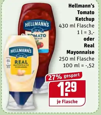 REWE Center Hellmann's Tomato Ketchup 430ml oder Real Mayonnaise 250ml Angebot