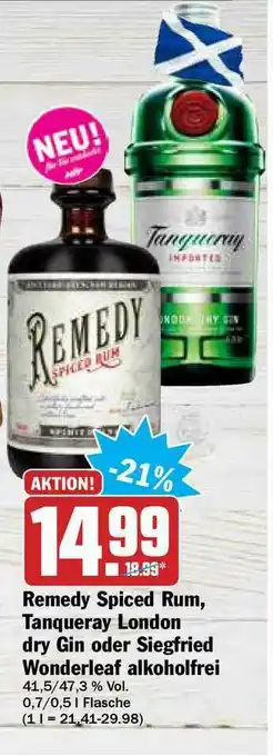 Hit Remedy Spiced Rum, Tanqueray London Dry Gin Oder Siegfried Wonderleaf Alkoholfrei Angebot