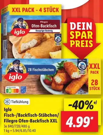 Lidl Iglo Fisch/Backfisch-Stäbchen/ Filegro Ofen-Backfisch XXL 840/728/480 g Angebot