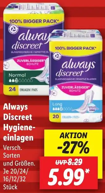 Lidl Always Discreet Hygieneeinlagen 20/24/ 16/12/32 Stück Angebot