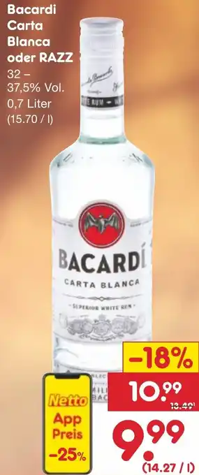 Netto Marken-Discount Bacardi Carta Blanca oder RAZZ 0,7 Liter Angebot